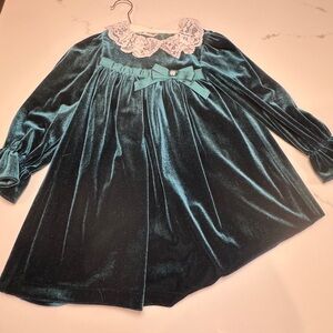 Girls' Teal Velvet Lace-Collar Formal Dress
